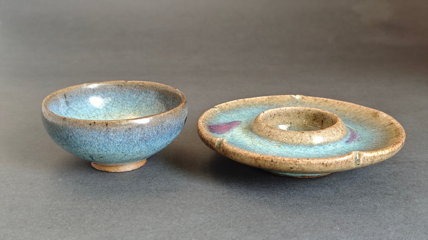 金元 鈞窯天藍釉紫斑盞連托